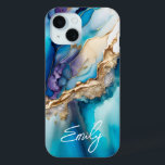Modern Elegant Blue Gold Marble Personalised Name iPhone 15 Case<br><div class="desc">Modern Elegant Blue Gold Marble Personalised Name iPhone 15 Cases features your personalised name in an elegant calligraphy script typography on a modern blue and gold marble background. Perfect gift for her for birthday,  mum for Mother's Day,  sister or bestie for Christmas and holidays. Designed by ©Evco Studio www.zazzle.com/store/evcostudio</div>