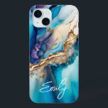 Modern Elegant Blue Gold Marble Personalised Name iPhone 15 Mini Case<br><div class="desc">Modern Elegant Blue Gold Marble Personalised Name iPhone 15 Plus Cases features your personalised name in an elegant calligraphy script typography on a modern blue and gold marble background. Perfect gift for her for birthday, mum for Mother's Day, sister or bestie for Christmas and holidays. Designed by ©Evco Studio www.zazzle.com/store/evcostudio...</div>