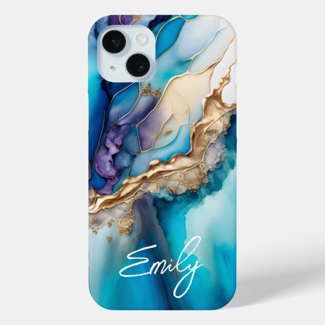 Modern Elegant Blue Gold Marble Personalised Name Case-Mate iPhone Case (Back)