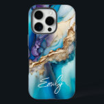 Modern Elegant Blue Gold Marble Personalised Name iPhone 16 Pro Case<br><div class="desc">Modern Elegant Blue Gold Marble Personalised Name iPhone 16 Pro Cases features your personalised name in an elegant calligraphy script typography on a modern blue and gold marble background. Perfect gift for her for birthday, mum for Mother's Day, sister or bestie for Christmas and holidays. Designed by ©Evco Studio www.zazzle.com/store/evcostudio...</div>