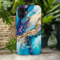 Modern Elegant Blue Gold Marble Personalised Name