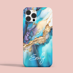 Modern Elegant Blue Gold Marble Personalised Name Case-Mate iPhone Case