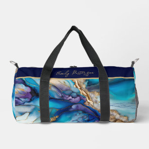 Modern Elegant Blue Gold Marble Personalised Name Duffle Bag
