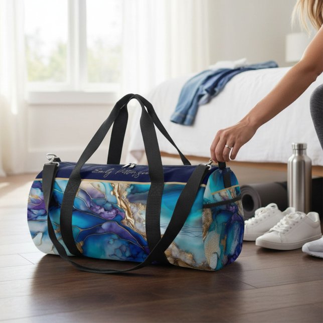 Modern Elegant Blue Gold Marble Personalised Name Duffle Bag (Creator Uploaded)