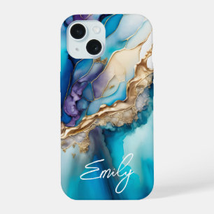 Modern Elegant Blue Gold Marble Personalised Name iPhone 15 Case