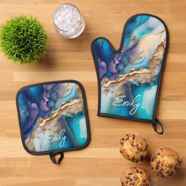 Modern Elegant Blue Gold Marble Personalised Name Oven Mitt & Pot Holder Set (Top Down)