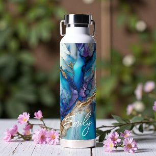 Modern Elegant Blue Gold Marble Personalised Name Water Bottle