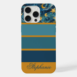 Modern Elegant Blue Gold Personalised Name iPhone 15 Pro Max Case