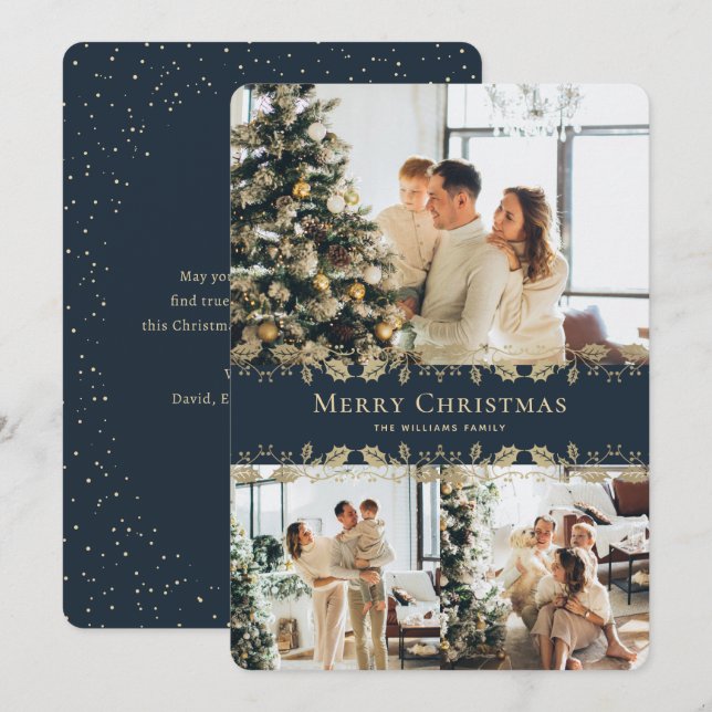 Modern Elegant Blue Gold Photo Merry Christmas Holiday Card (Front/Back)