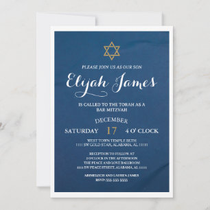 Modern Elegant Blue Gold Star of David Bar Mitzvah Invitation