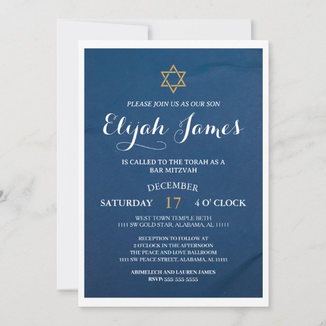 Modern Elegant Blue Gold Star of David Bar Mitzvah Invitation (Front)
