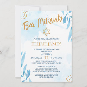 Modern Elegant Blue Gold Star of David Bar Mitzvah Invitation