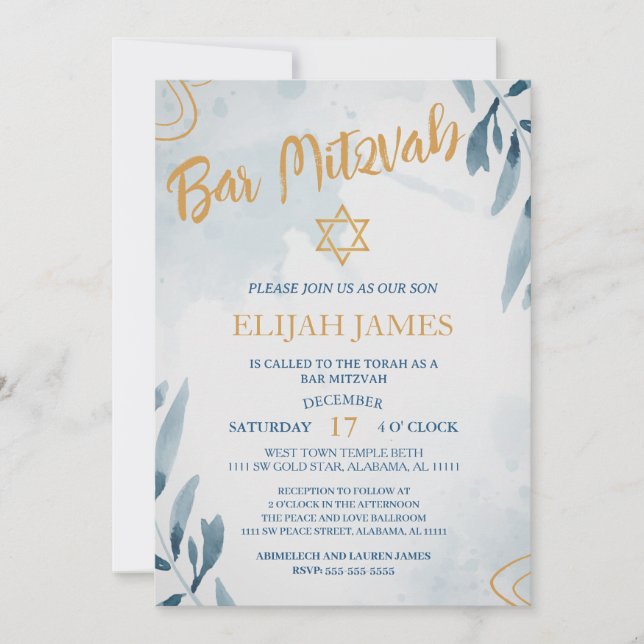 Modern Elegant Blue Gold Star of David Bar Mitzvah Invitation (Front)