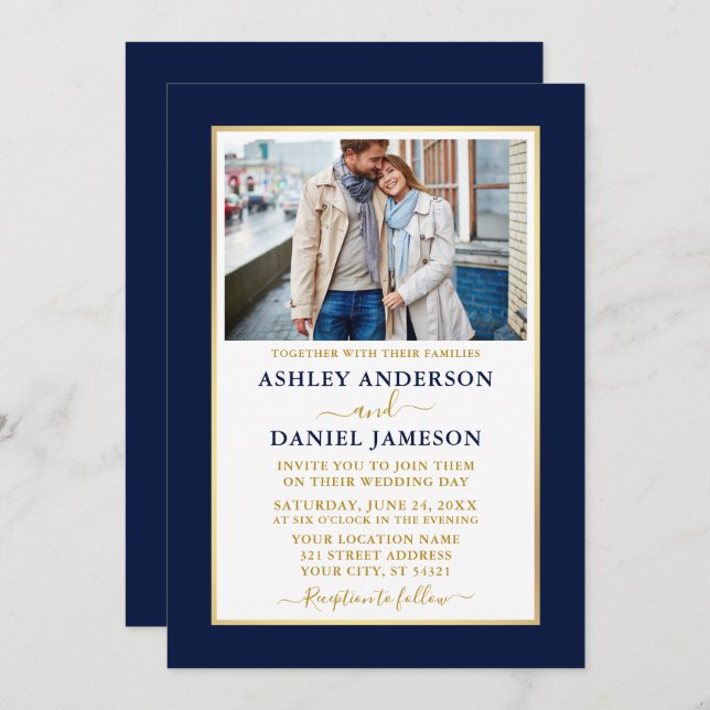 Modern Elegant Blue Gold Wedding Invitation (Front/Back)