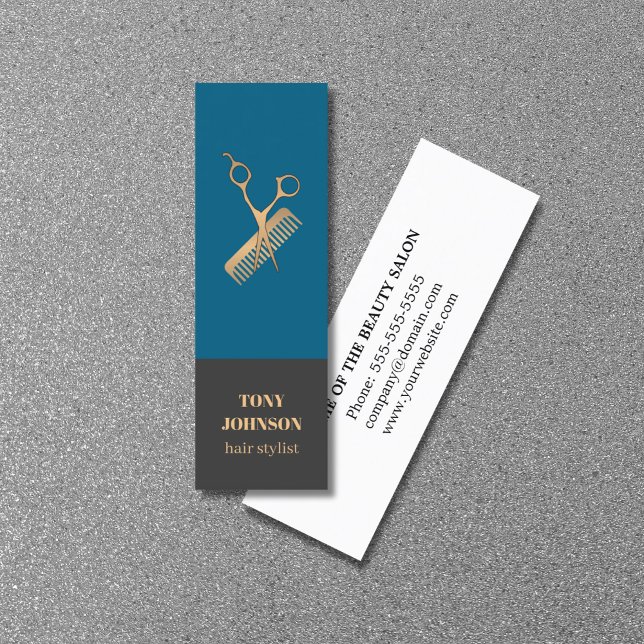 Modern Elegant Blue Grey Faux Gold Scissors Comb Mini Business Card (Creator Uploaded)