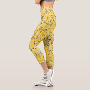 Modern Elegant Blue Mustard Yellow Wildflowers Capri Leggings