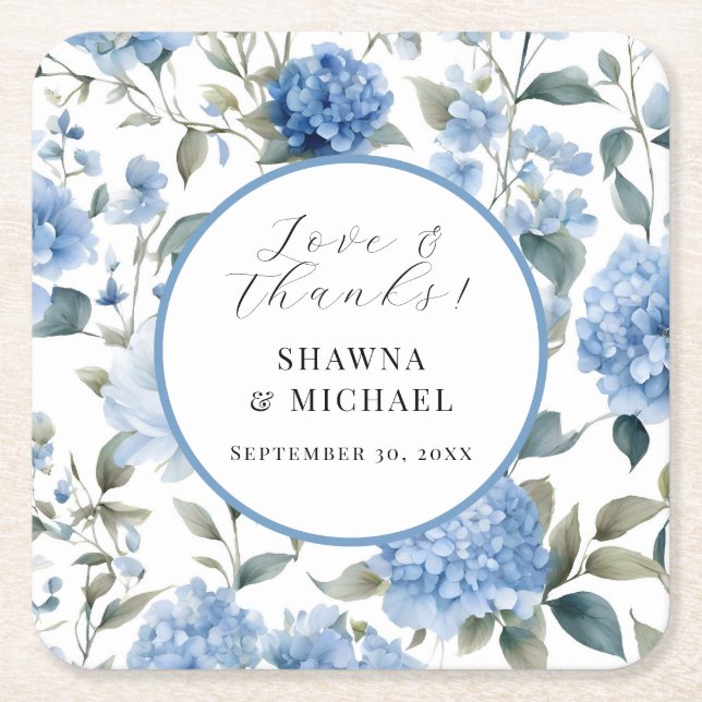 Modern Elegant Blue n White Spring Floral Wedding Square Paper Coaster (Front)