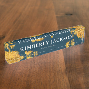 Modern Elegant Blue Navy Gold Desk Name Plate