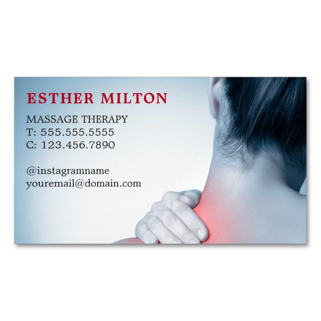 Modern Elegant Blue Photo Massage Therapist Magnetic Business Card (Front)