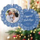 Modern Elegant Blue Snowflake Photo Christmas<br><div class="desc">These wonderful paper ornament cards feature an elegant blue background with white snowflakes and a round photo cutout. On the back of the card is an EDITABLE script greeting with your text in a classic serif font. These ornaments make a fabulous holiday card that will then become a keepsake that...</div>
