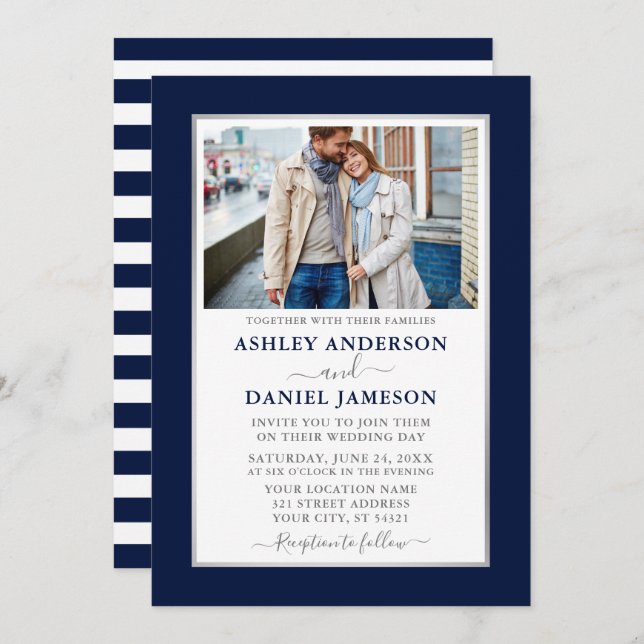 Modern Elegant Blue Striped Silver Wedding Invitation (Front/Back)