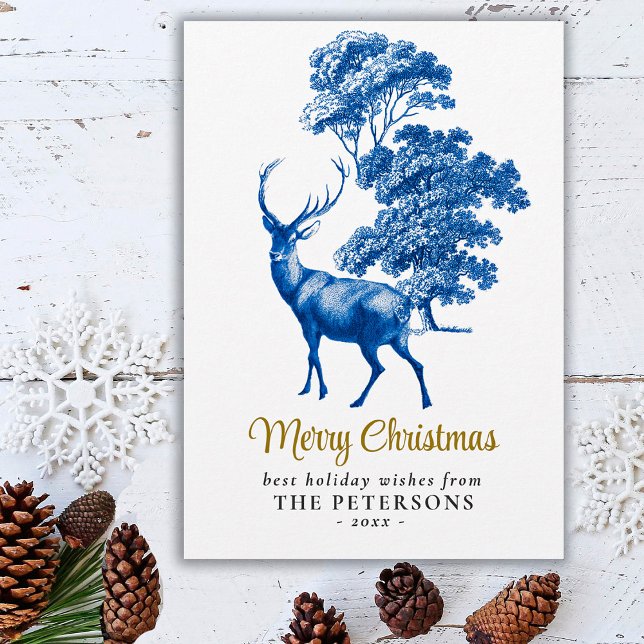 Modern Elegant Blue Toile Deer Woodland Card (Creator Uploaded)