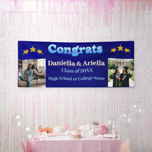 Modern Elegant Blue Twin Photo Grad Party Banner