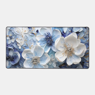 Modern Elegant Blue White Botanical Floral Desk Mat