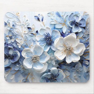 Modern Elegant Blue White Botanical Floral Mouse Pad