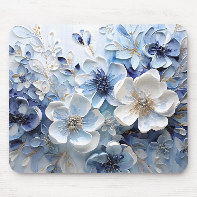 Modern Elegant Blue White Botanical Floral Mouse Pad (Front)