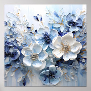 Modern Elegant Blue White Botanical Floral Poster