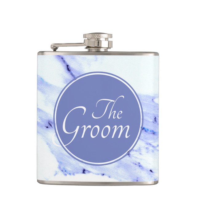Modern Elegant Blue, White Marble granite pattern  Hip Flask (Front)