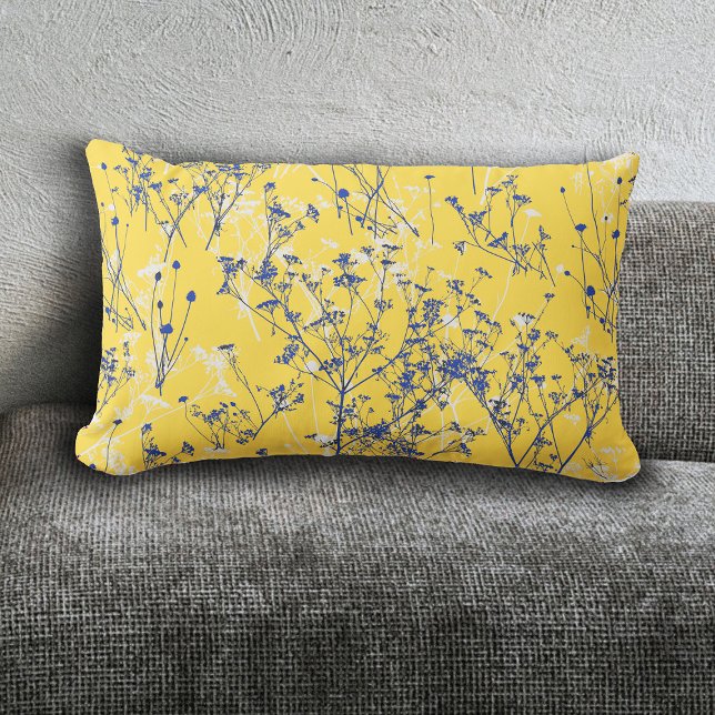 Modern Elegant Blue Wildflowers Mustard Yellow Lumbar Cushion (Creator Uploaded)