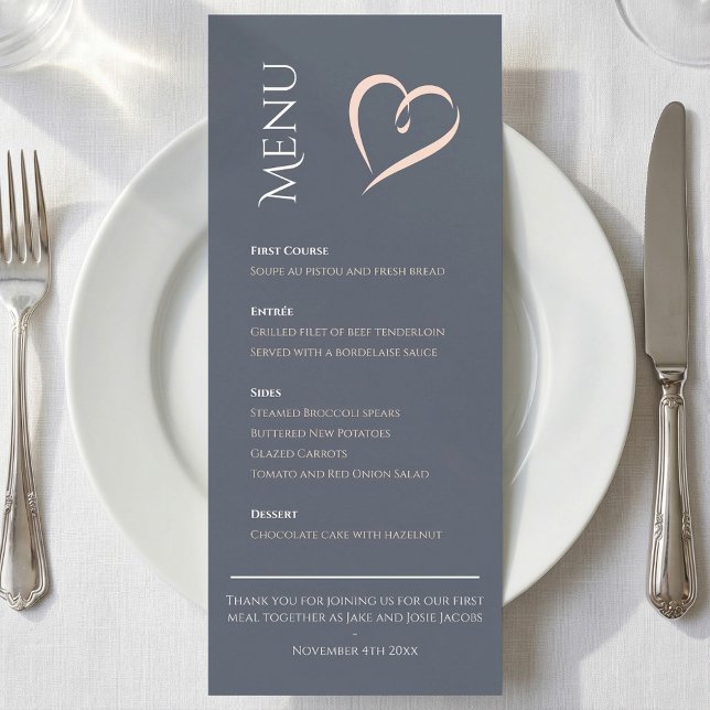 Modern elegant blue with pink heart table menu (Modern elegant blue with pink heart table menu.)