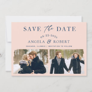 Modern Elegant Blush Navy Brush Stroke 2 Photo Save The Date
