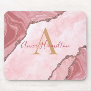 Modern Elegant Blush Pink Agate Geode Monogram Mouse Pad