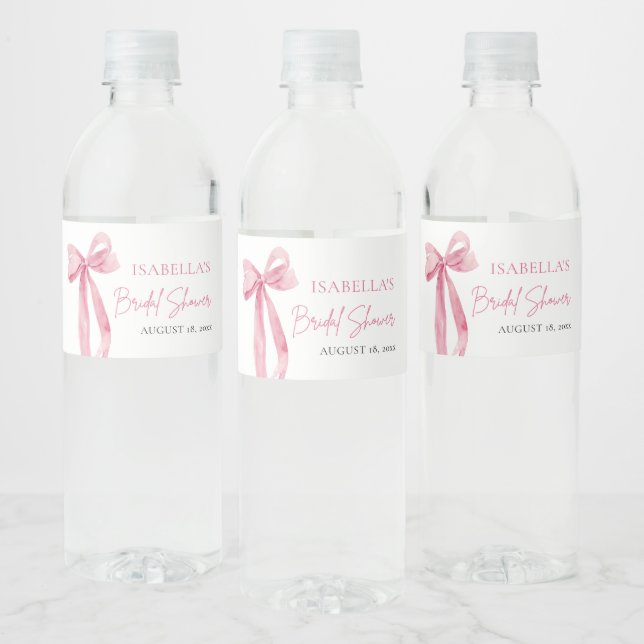 Modern Elegant Blush Pink Bow Ribbon Bridal Shower Water Bottle Label (Bottles)