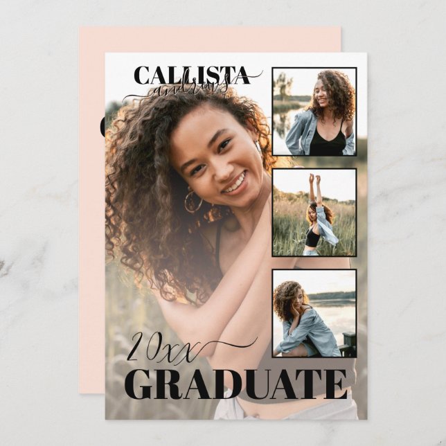 Modern Elegant Blush Pink Four Photo Graduation Invitation (Front/Back)