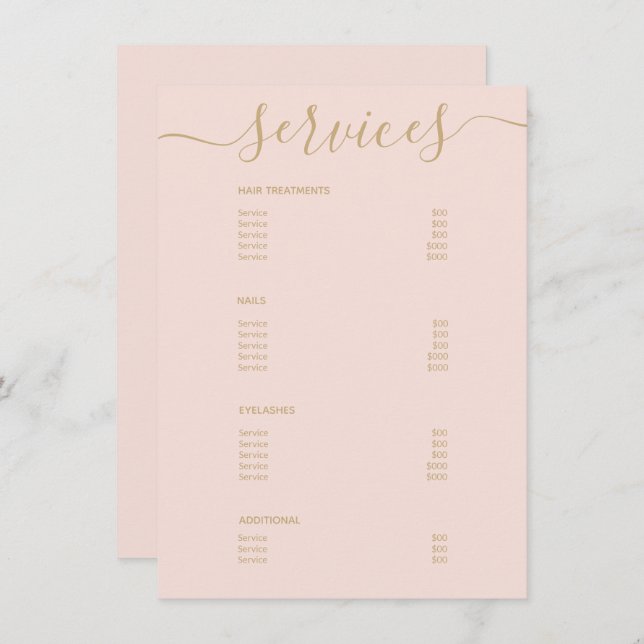 Modern Elegant Blush Pink Gold Salon Price List Menu (Front/Back)