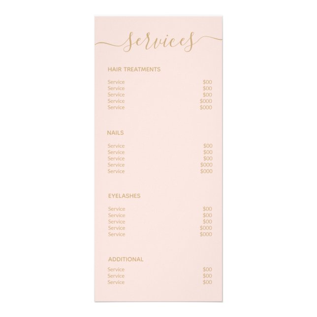 Modern Elegant Blush Pink Gold Salon Price List Rack Card (Back)