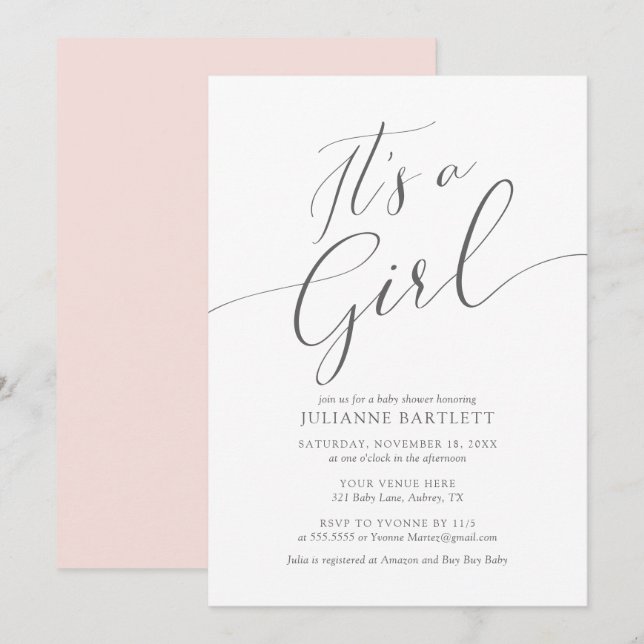 Modern Elegant Blush Pink Its a Girl Baby Shower Invitation (Front/Back)