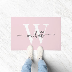 Modern Elegant Blush Pink Monogram Name Script Doormat
