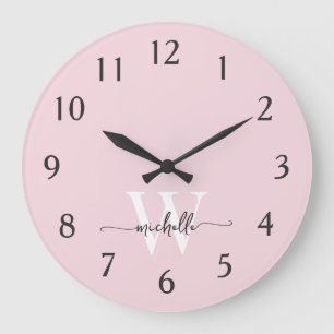 Modern Elegant Blush Pink Monogram Name Script Large Clock