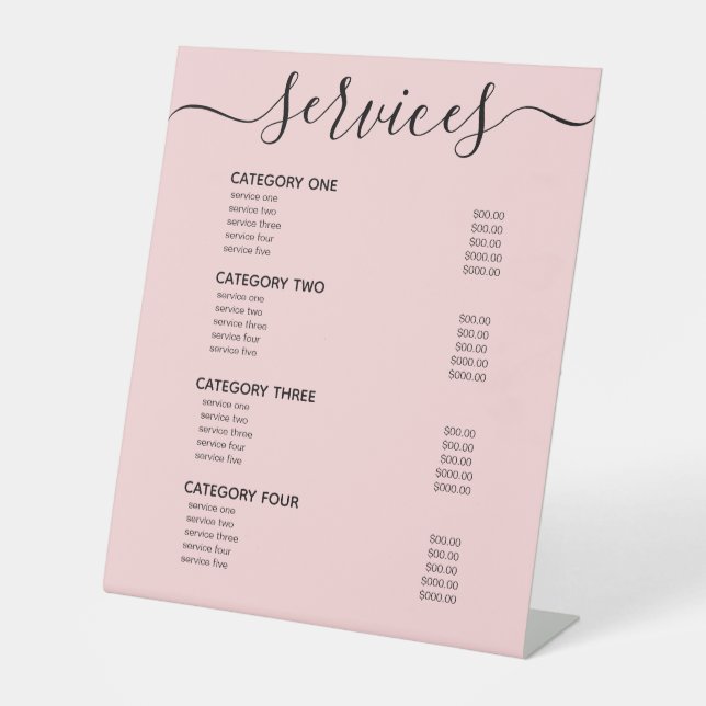 Modern Elegant Blush Pink Service Menu List  Pedestal Sign (Front)