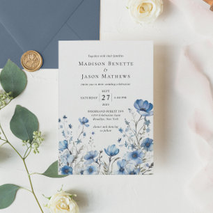 Modern Elegant Bohemian Dusty Blue Floral Wedding Invitation