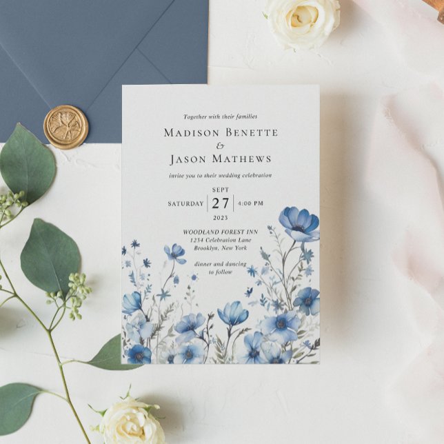 Modern Elegant Bohemian Dusty Blue Floral Wedding Invitation (Creator Uploaded)