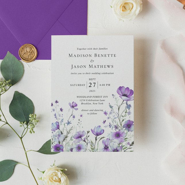 Modern Elegant Bohemian Purple Floral Wedding Invitation (Creator Uploaded)