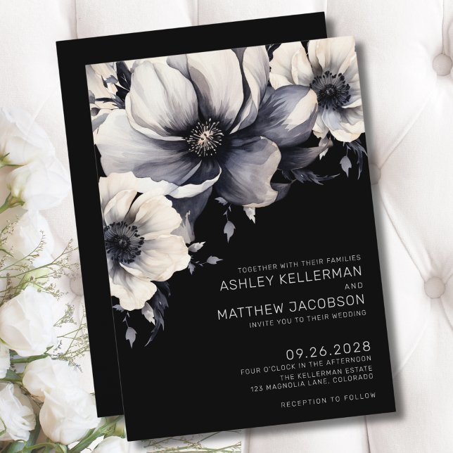 Modern Elegant Boho Black Floral Wedding Invitation (Modern Elegant Black Floral Wedding Invitation)