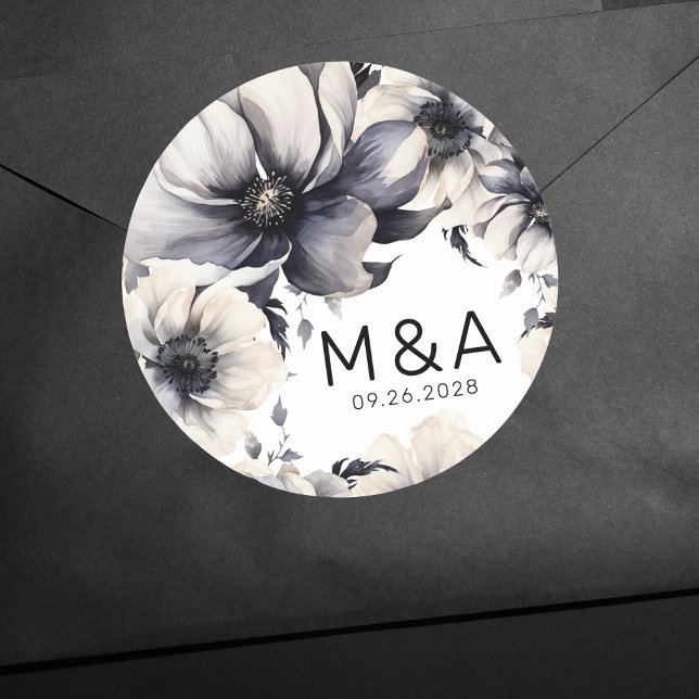Modern Elegant Boho Black White Floral Wedding Classic Round Sticker (Modern Elegant Boho Floral Black White Wedding Classic Round Sticker)