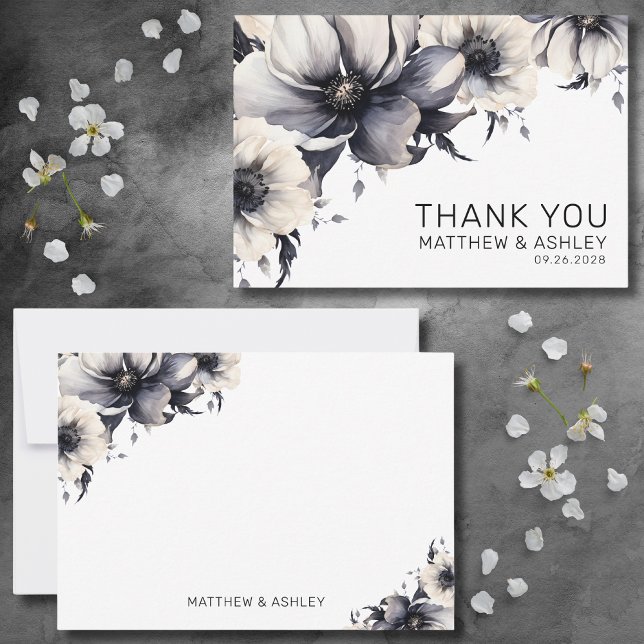 Modern Elegant Boho Black White Floral Wedding Thank You Card (Modern Elegant Floral Boho Black White Wedding Thank You Card)